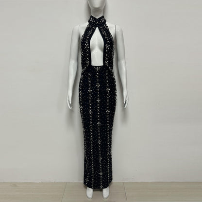 Halter Crystal Cut Out Maxi Dress HV3082