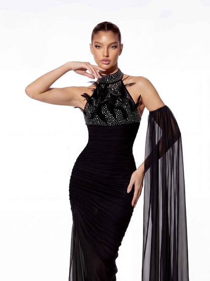 Halter Crystal Feather Draped Mesh Maxi Dress Black HV3081