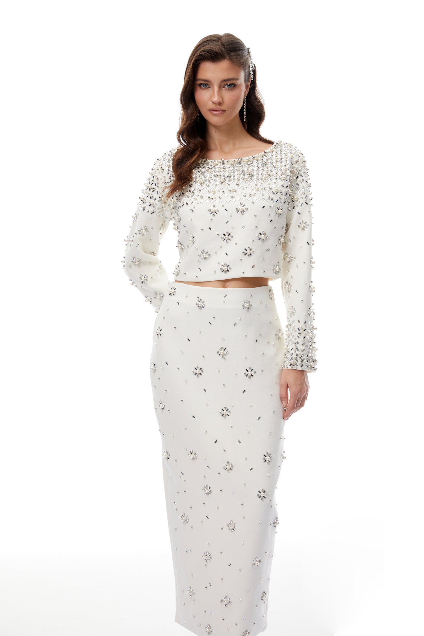 Long Sleeve Crystal Embellished Two Piece Maxi Dress White HV3098