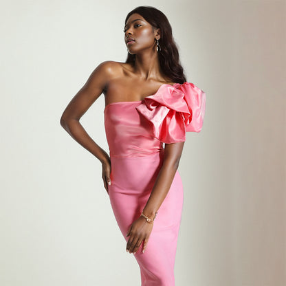 One Shoulder Bow Maxi Dress Pink HV1588