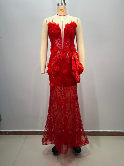 Strapless Floral Sequin Maxi Dress Red HV2729