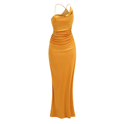 One Shoulder Draped Maxi Dress Gold HV1925