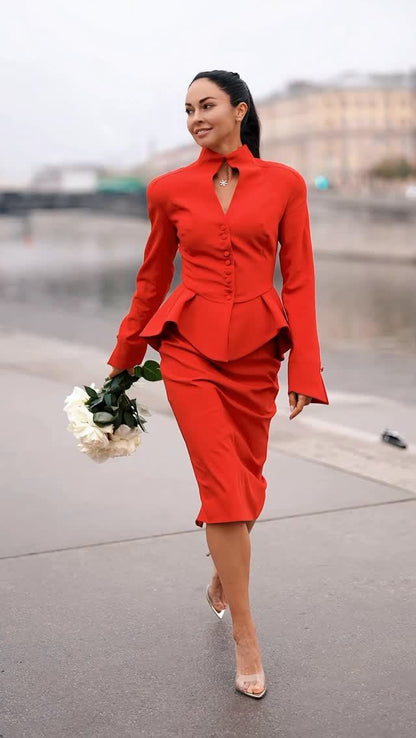 Long Sleeve Peplum Dress Red HV2635