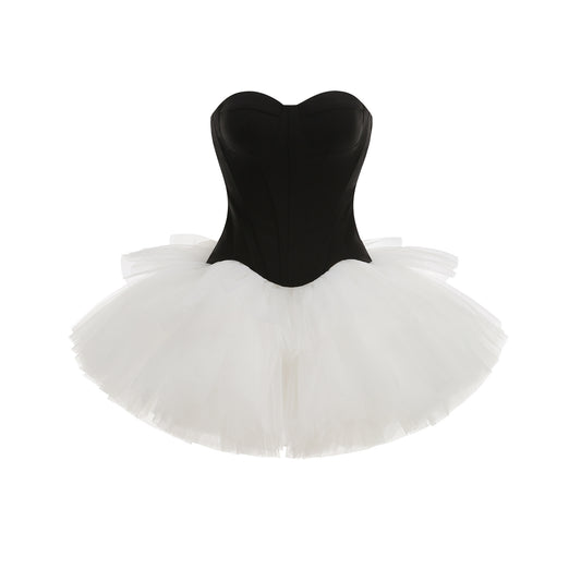Strapless A Line Mesh Dress Black White HV2766