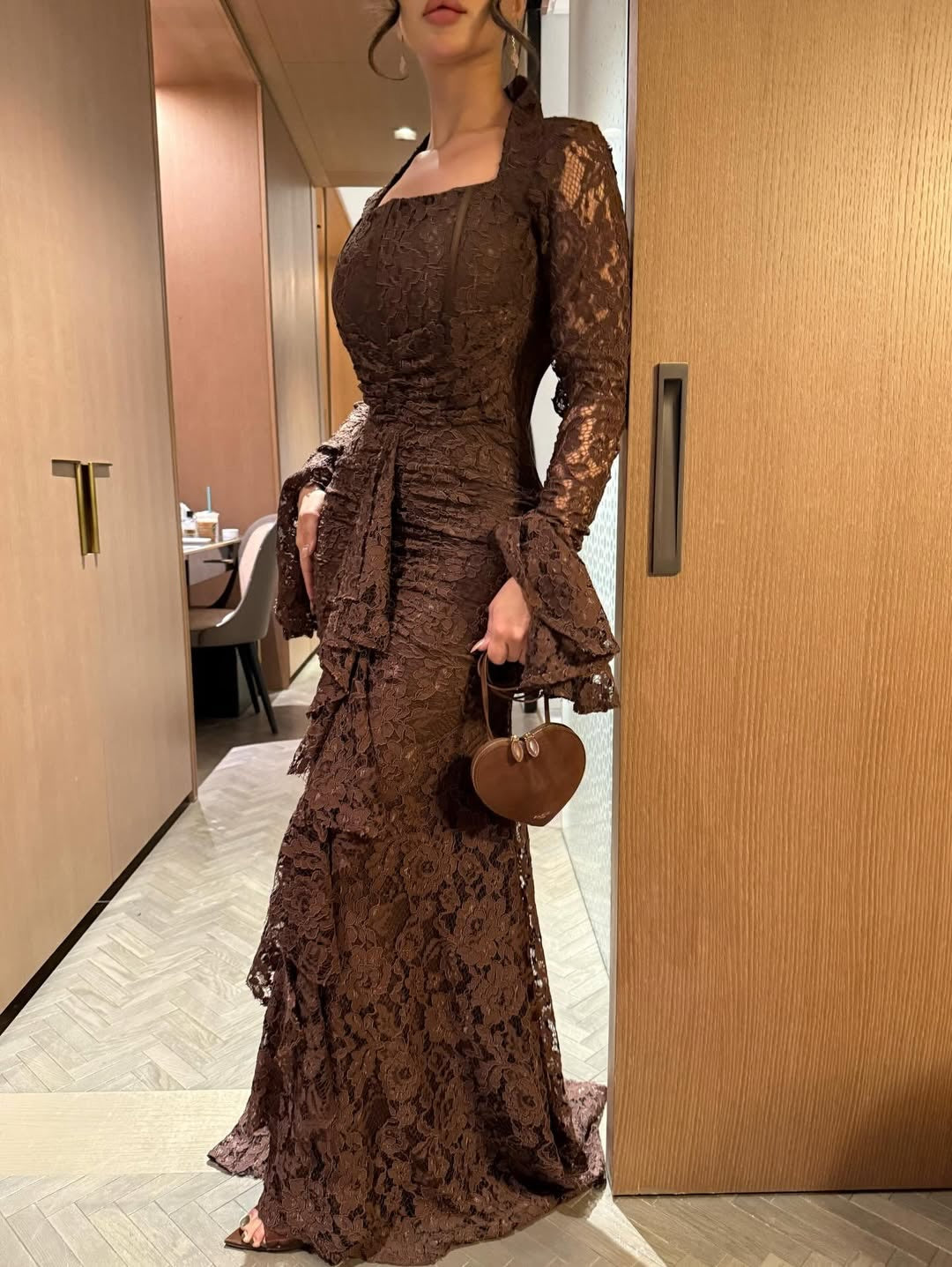 Long Sleeve Ruffle Detail Lace Maxi Dress Brown HV3238