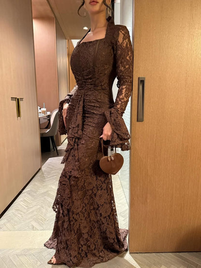 Long Sleeve Ruffle Detail Lace Maxi Dress Brown HV3238
