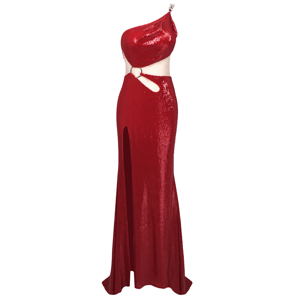 One Shoulder Sequin Maxi Dress Red HV1577