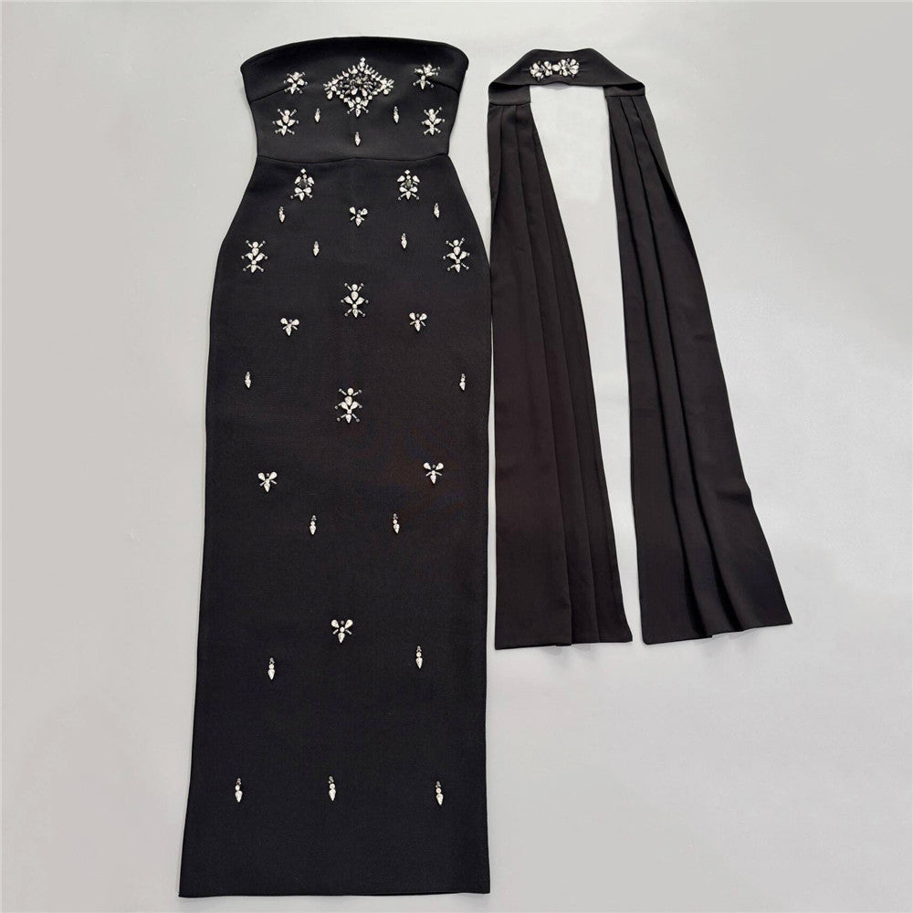 Strapless Crystal Scarf Maxi Dress Black HV3093