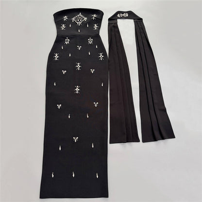 Strapless Crystal Scarf Maxi Dress Black HV3093