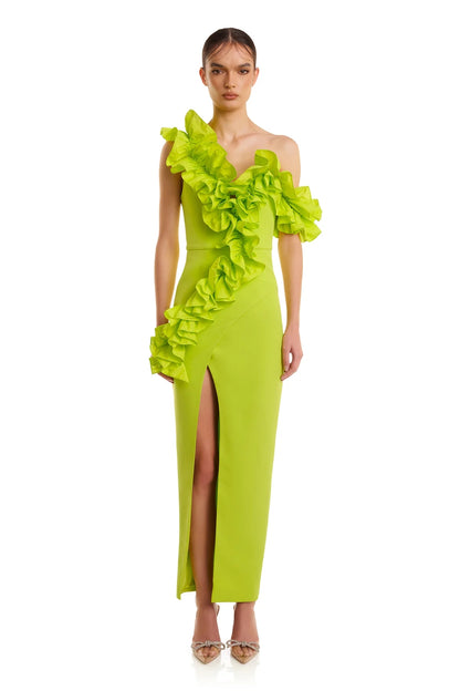 One Shoulder Ruffle Maxi Dress Neon Green HV1511