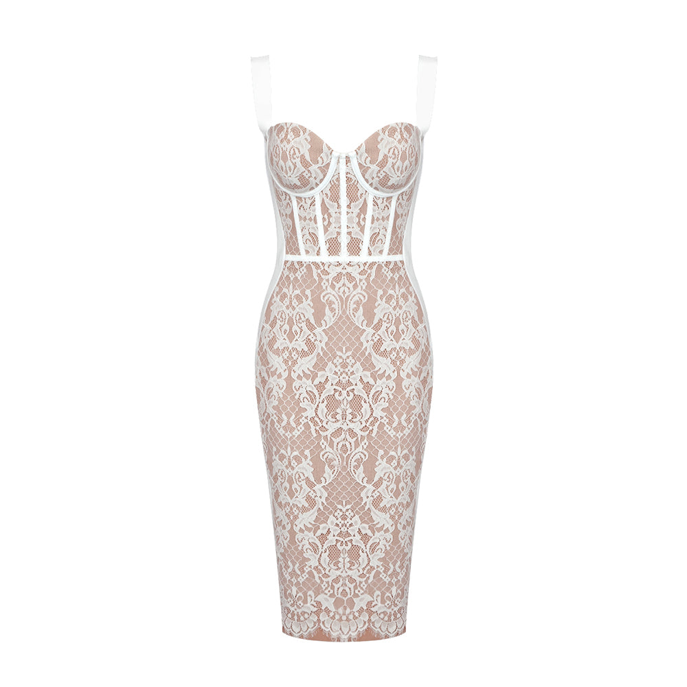 Lace Bustier Midi Dress White HV9716