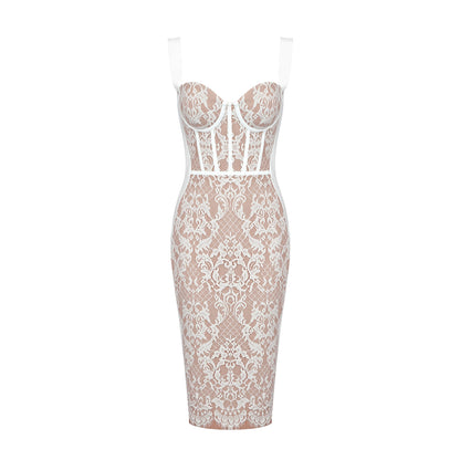 Lace Bustier Midi Dress White HV9716