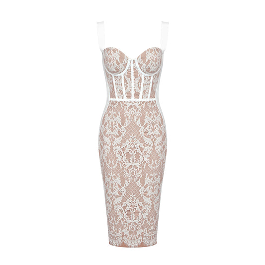 Lace Bustier Midi Dress White HV9716