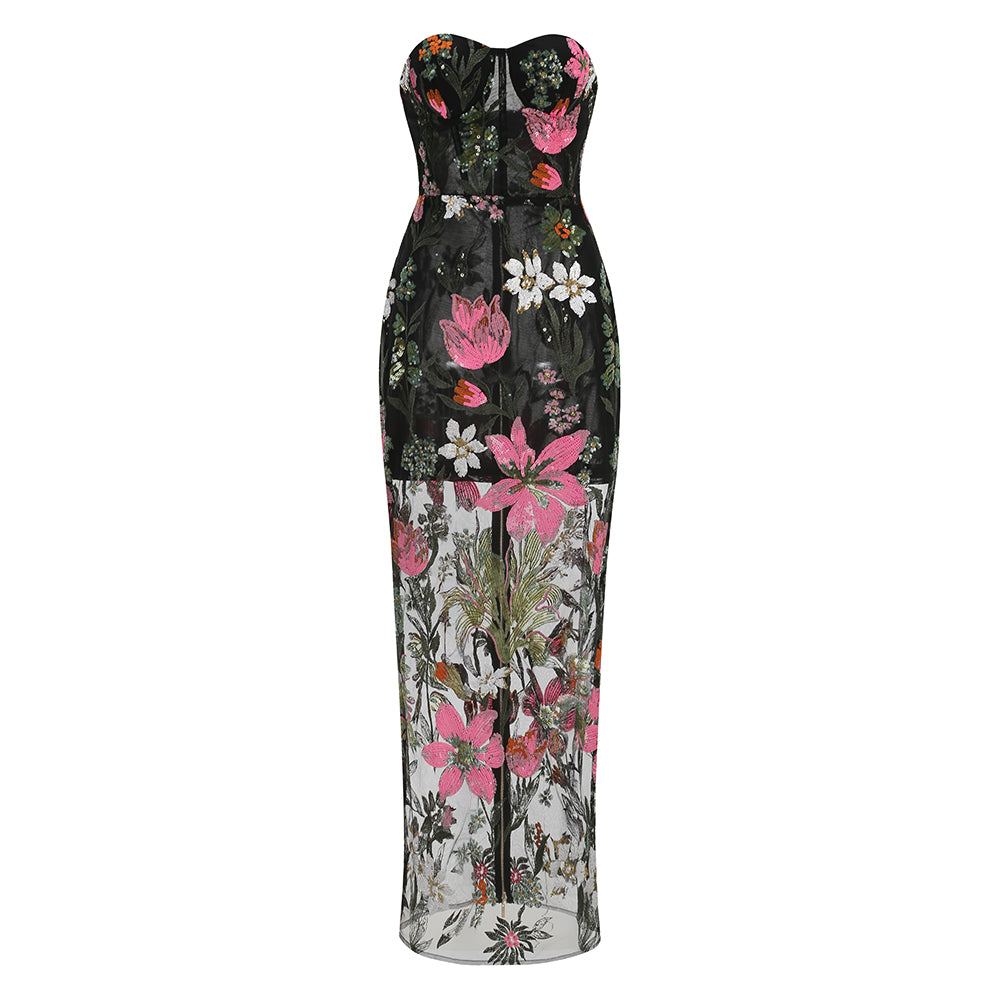 Strapless Sequin Floral Embroidered Maxi Dress Black HV3133