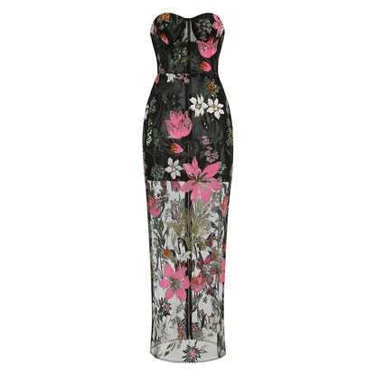 Strapless Sequin Floral Embroidered Maxi Dress Black HV3133