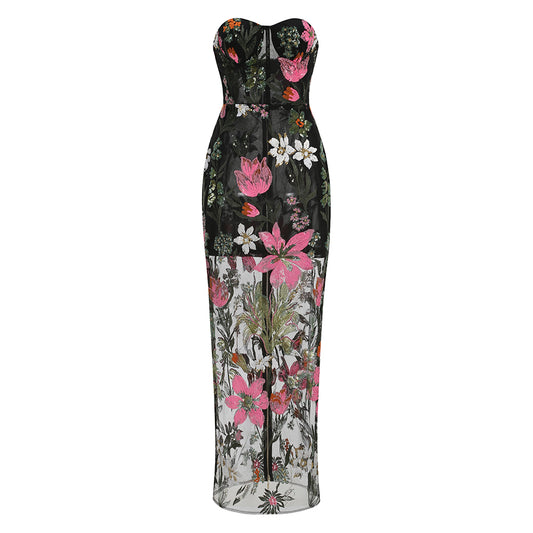 Strapless Sequin Floral Embroidered Maxi Dress Black HV3133