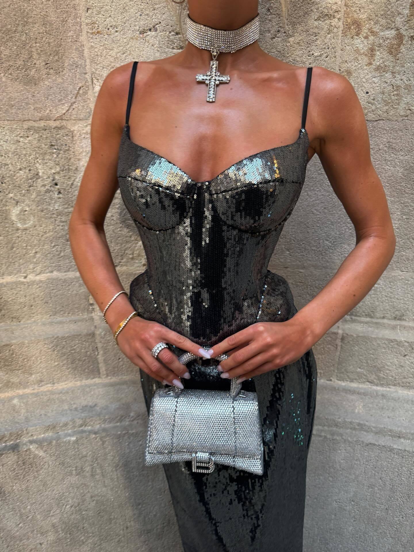 Sequin Peplum Corset Maxi Dress Black HV0045