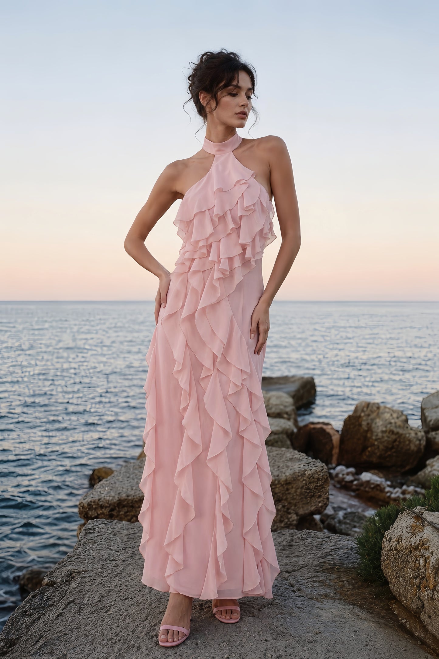 Halter Ruffle Detail Maxi Dress Pink HV3178