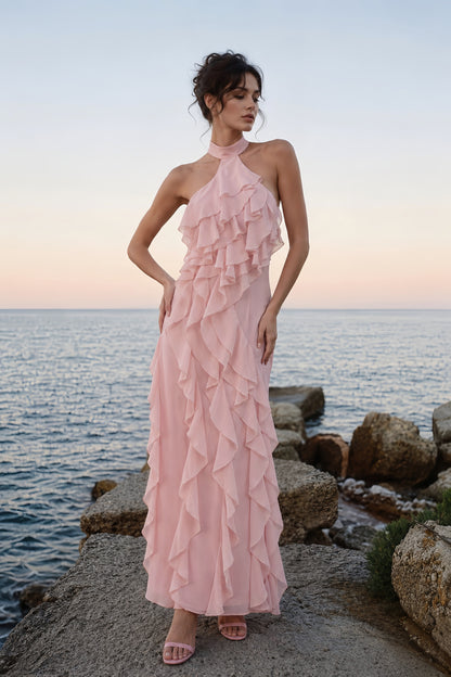 Halter Ruffle Detail Maxi Dress Pink HV3178