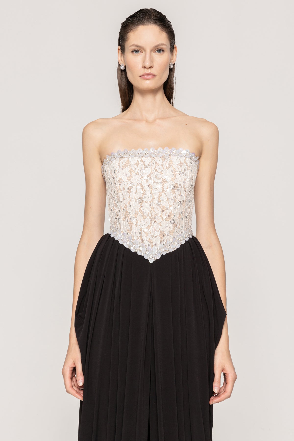 Strapless Crystal Lace Corset Maxi Dress Black White HV0039