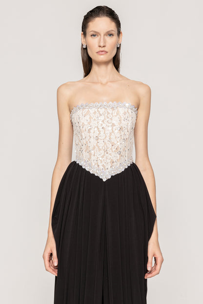 Strapless Crystal Lace Corset Maxi Dress Black White HV0039
