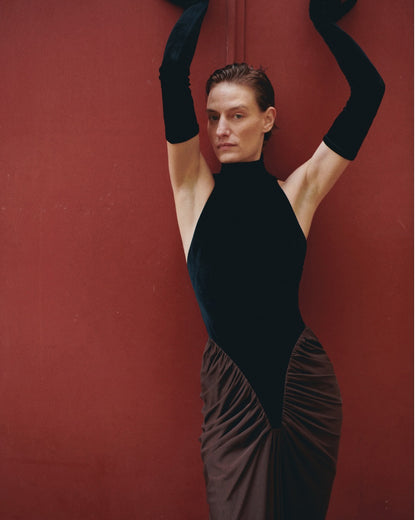 Halter Draped Maxi Velvet Dress Black Brown HV