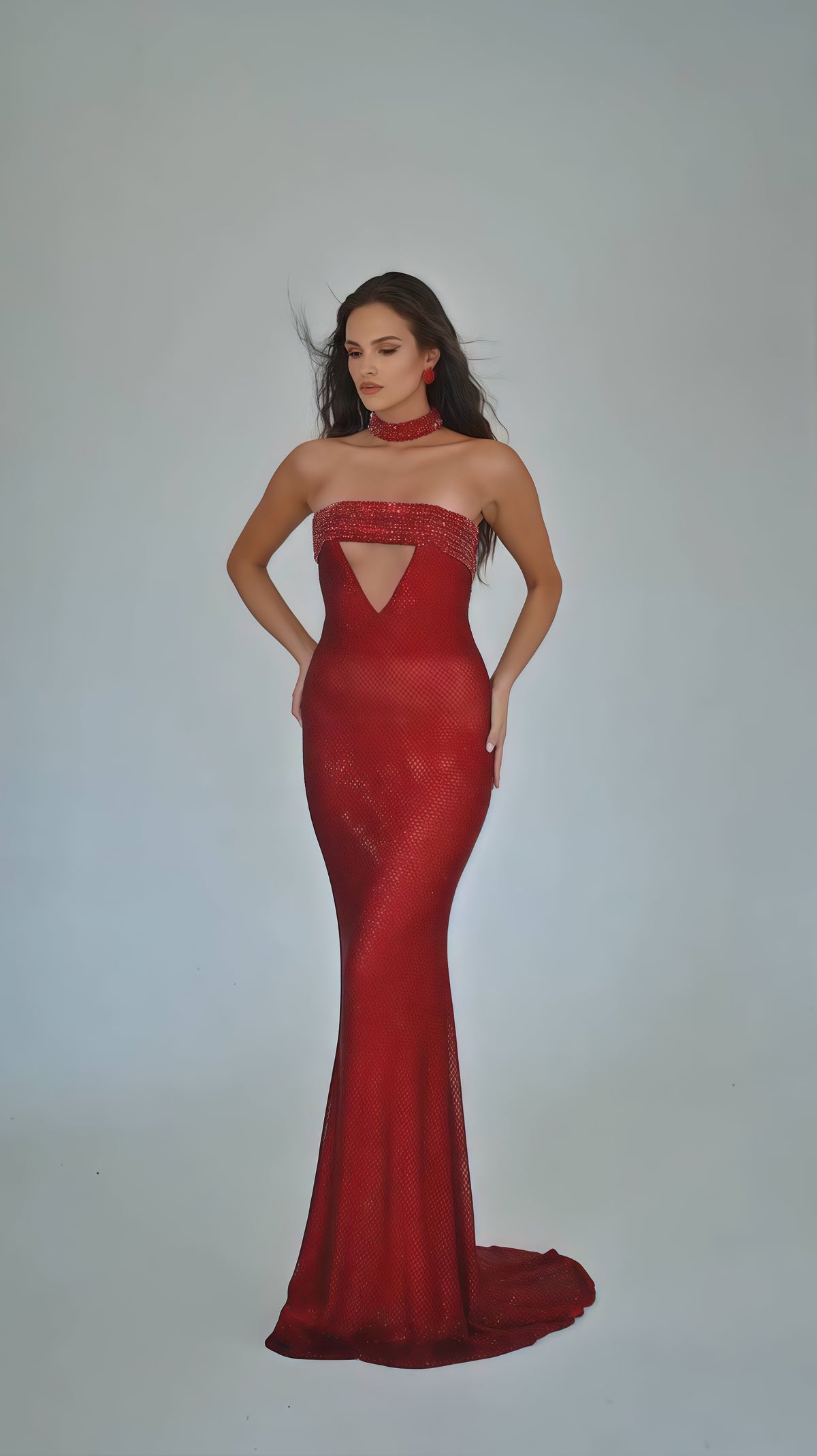 Strapless Choker Embellished Maxi Dress Red HV2815