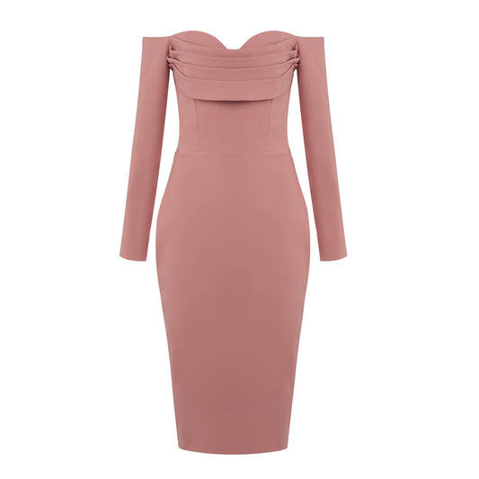 Long Sleeve Draped Bardot Midi Dress Pink HV0001