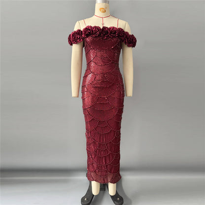 Floral Bardot Sequin Maxi Dress Burgundy HV3095