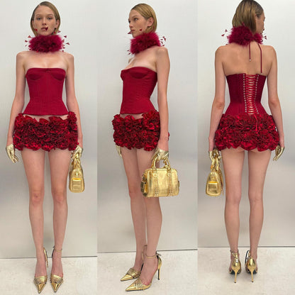 Strapless Corset Floral Ruffle Two Piece Dress Red HV1645