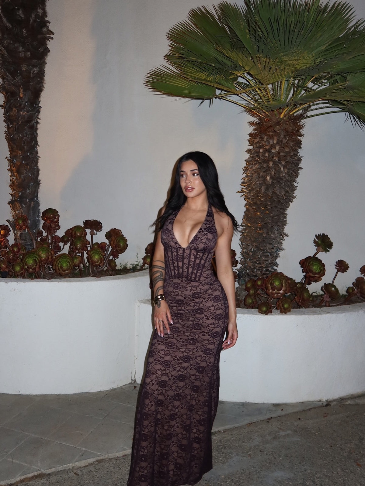 Halter Structured Lace Maxi Dress Brown HV3237