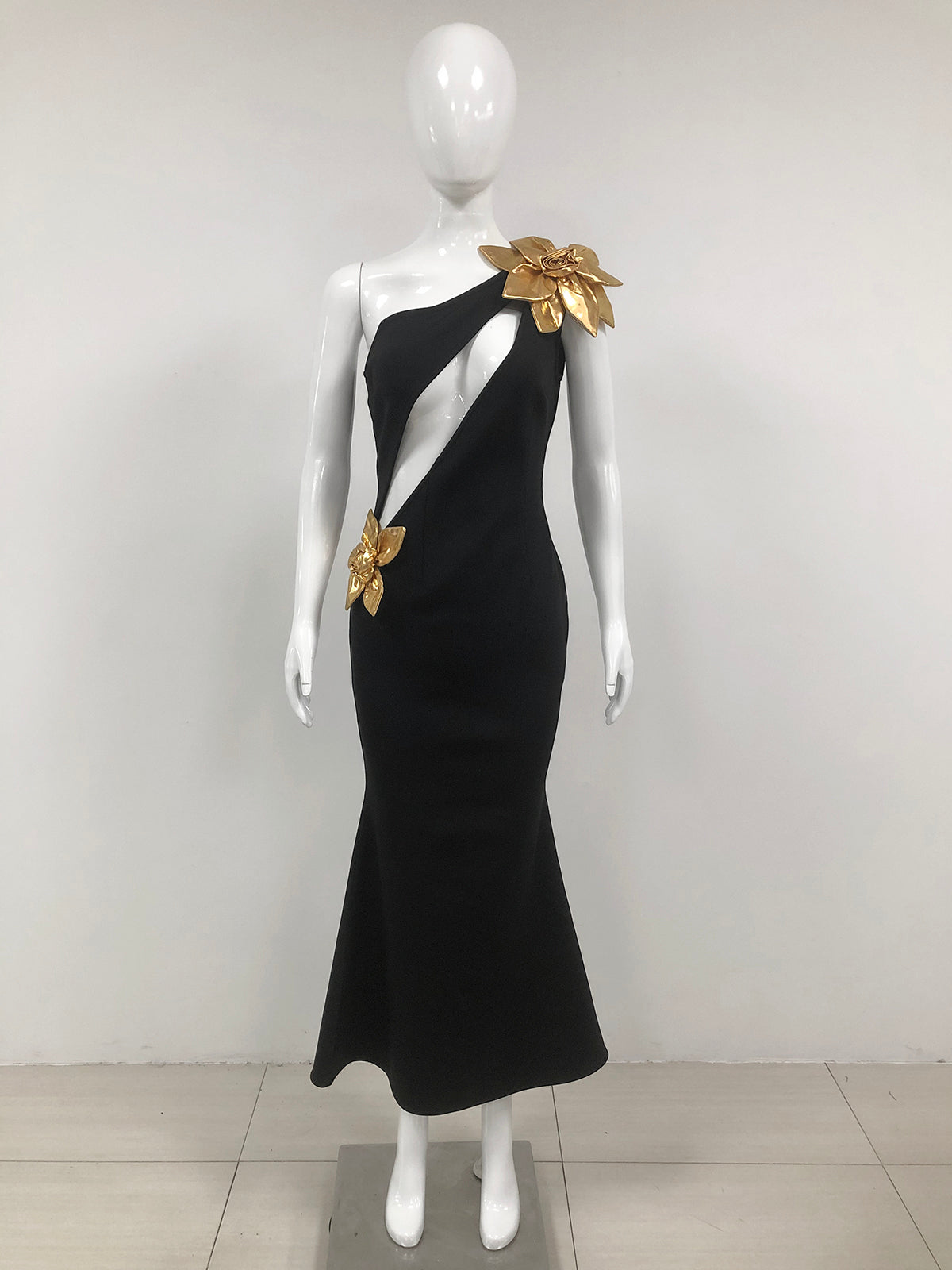 Floral One Shoulder Maxi Dress Black Gold HV1667