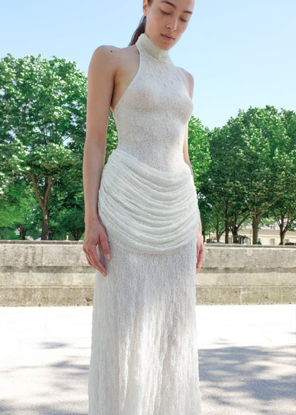 Halter Draped Lace Maxi Dress White HV0167