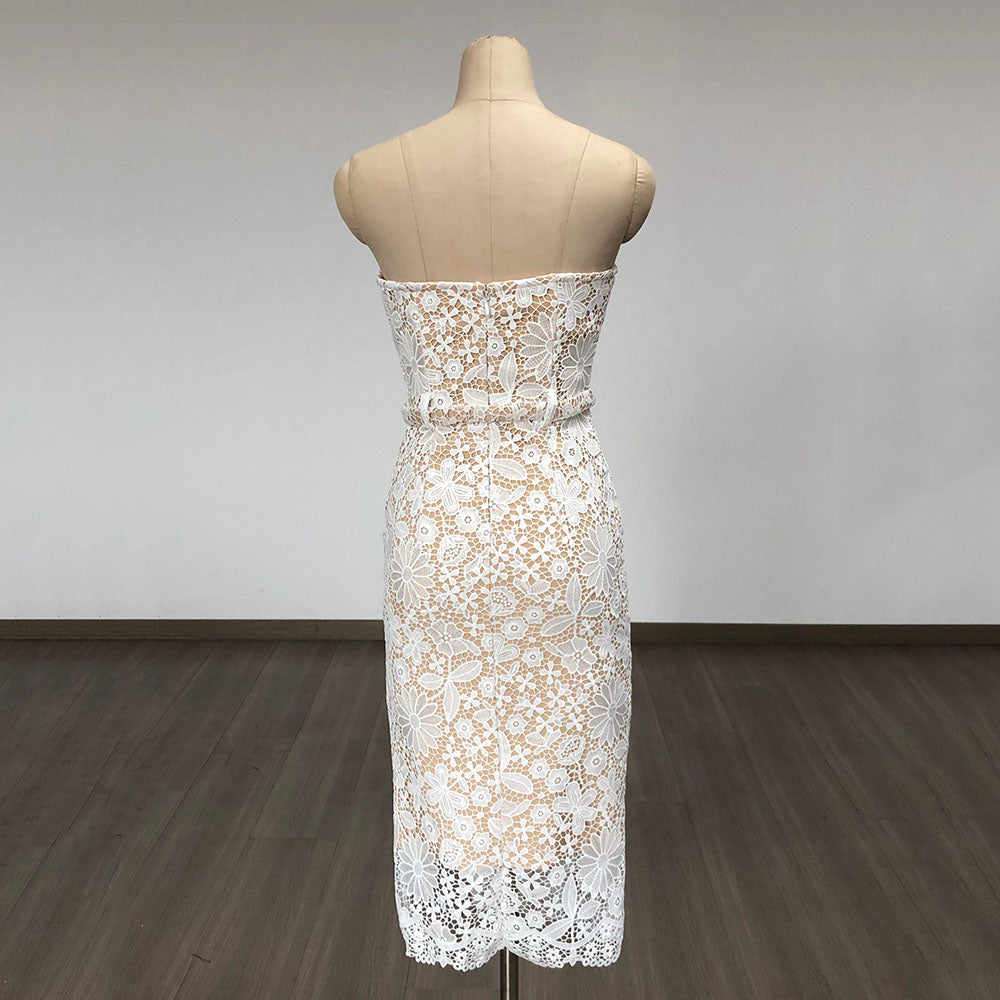 Strapless Floral Crochet Midi Dress White HV1778