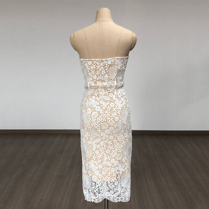 Strapless Floral Crochet Midi Dress White HV1778