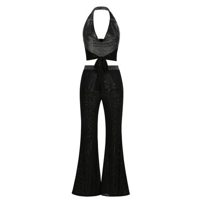 Halter Sparkly Two Piece Jumpsuit Silver HV3203