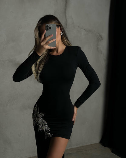 Long Sleeve Crystal Detail Draped Dress Black HV2036