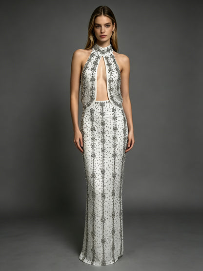 Halter Crystal Cut Out Maxi Dress  HV3082