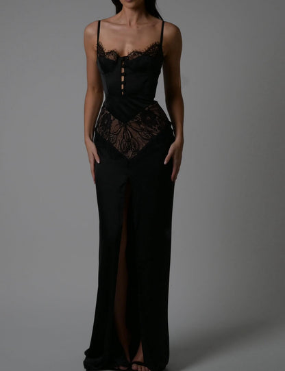 Lace Insert Bustier Maxi Dress Black HV2971