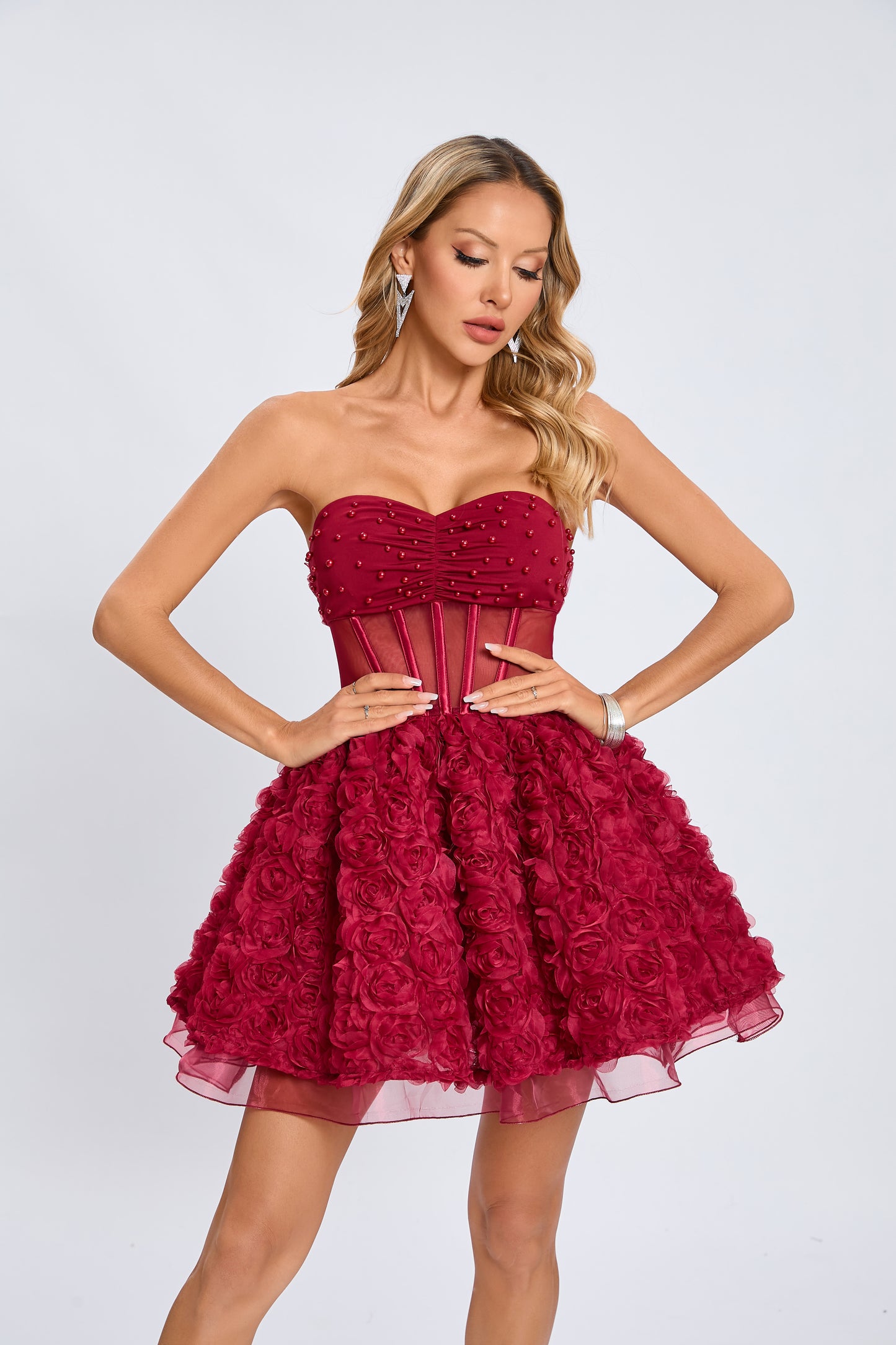 Strapless 3D Floral A Line Dress Black HV2156