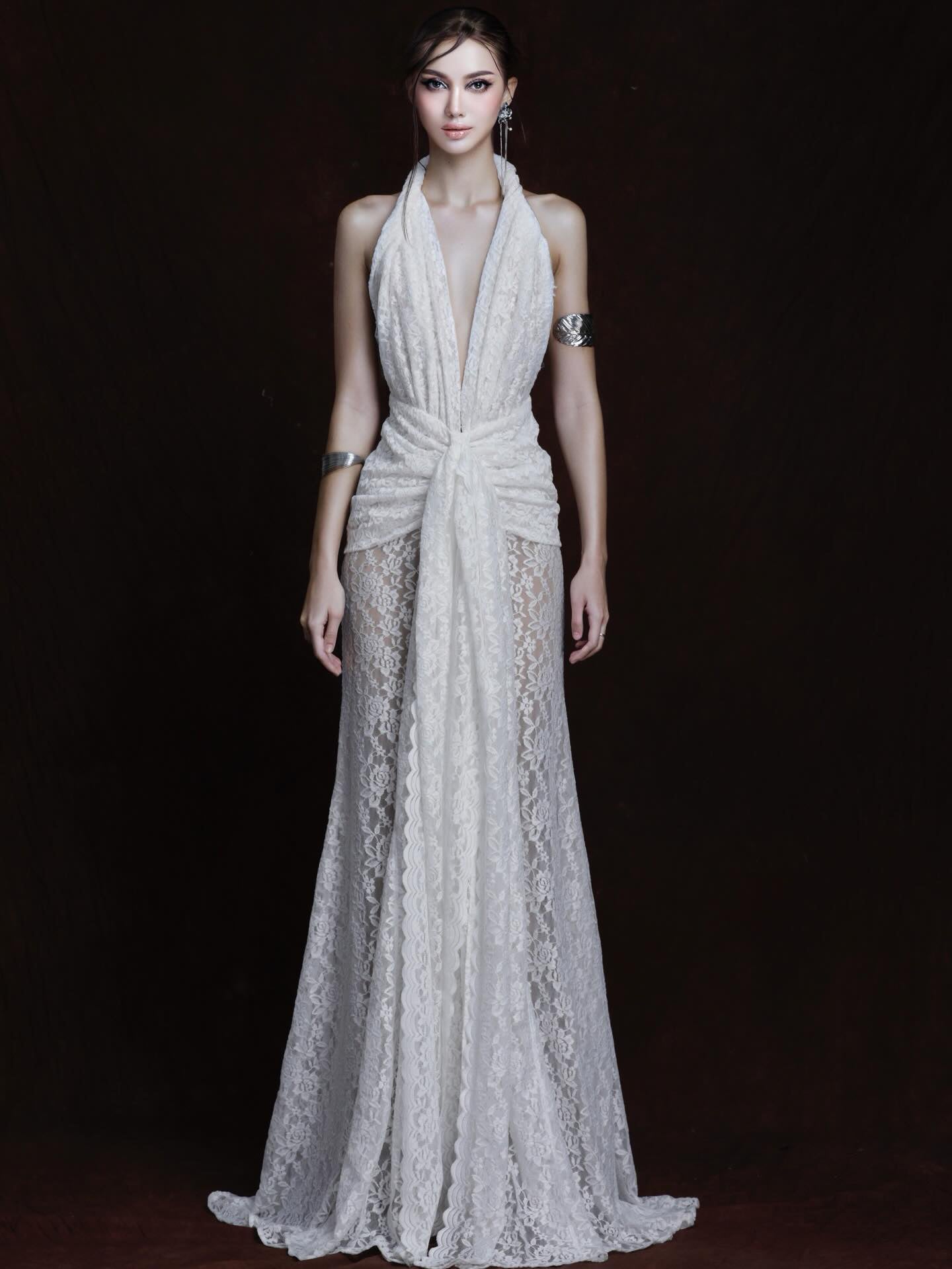 Halter Draped Crochet Maxi Dress White HV0096