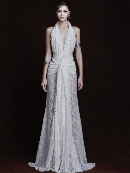 Halter Draped Crochet Maxi Dress White HV0096