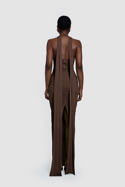 Halter Sparkly Maxi Dress Brown HV0009