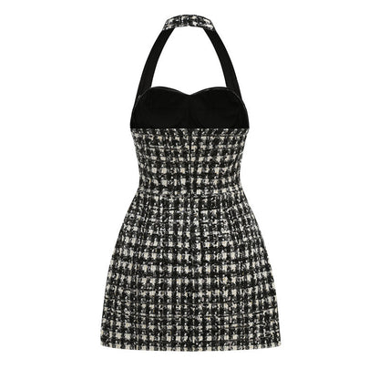 Halter Houndstooth Dress Black White HV2807