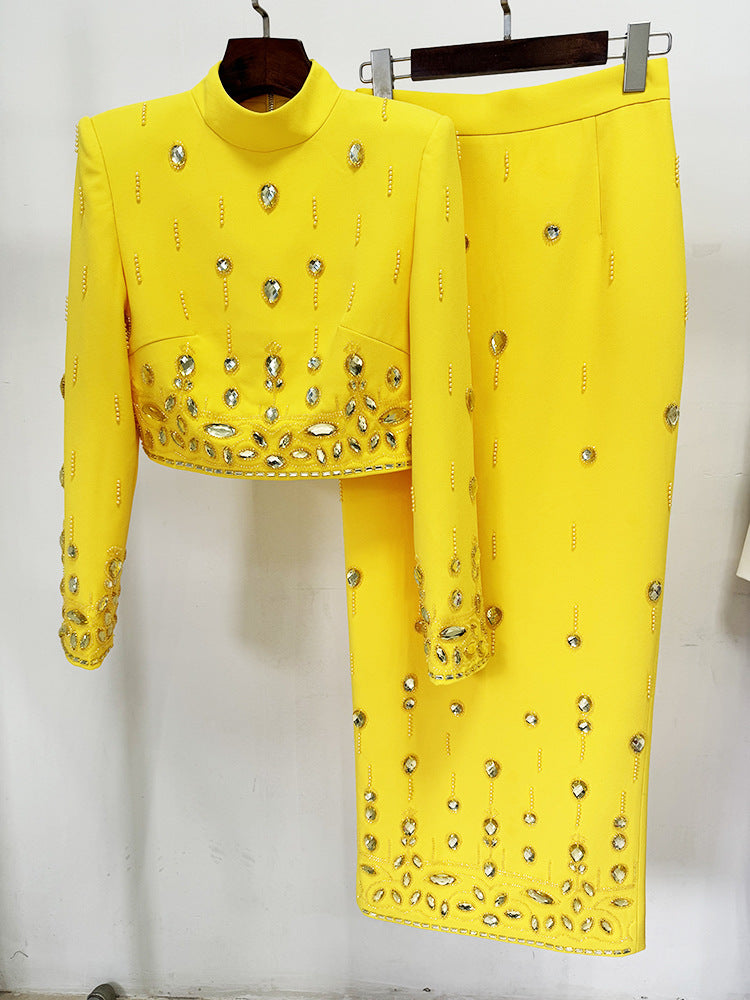 Long Sleeve Crystal Midi Two Piece Dress Yellow HV1185