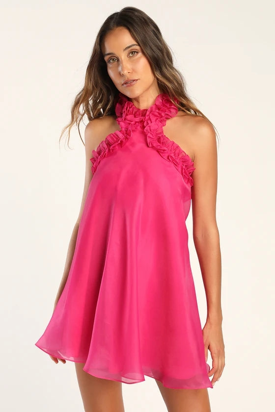 Halter Ruffle A Line Dress Hot Pink HV1344