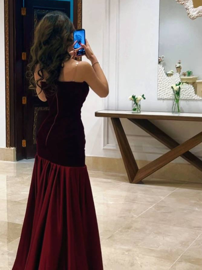 Strapless A Line Maxi Velvet Dress Burgundy HV3186