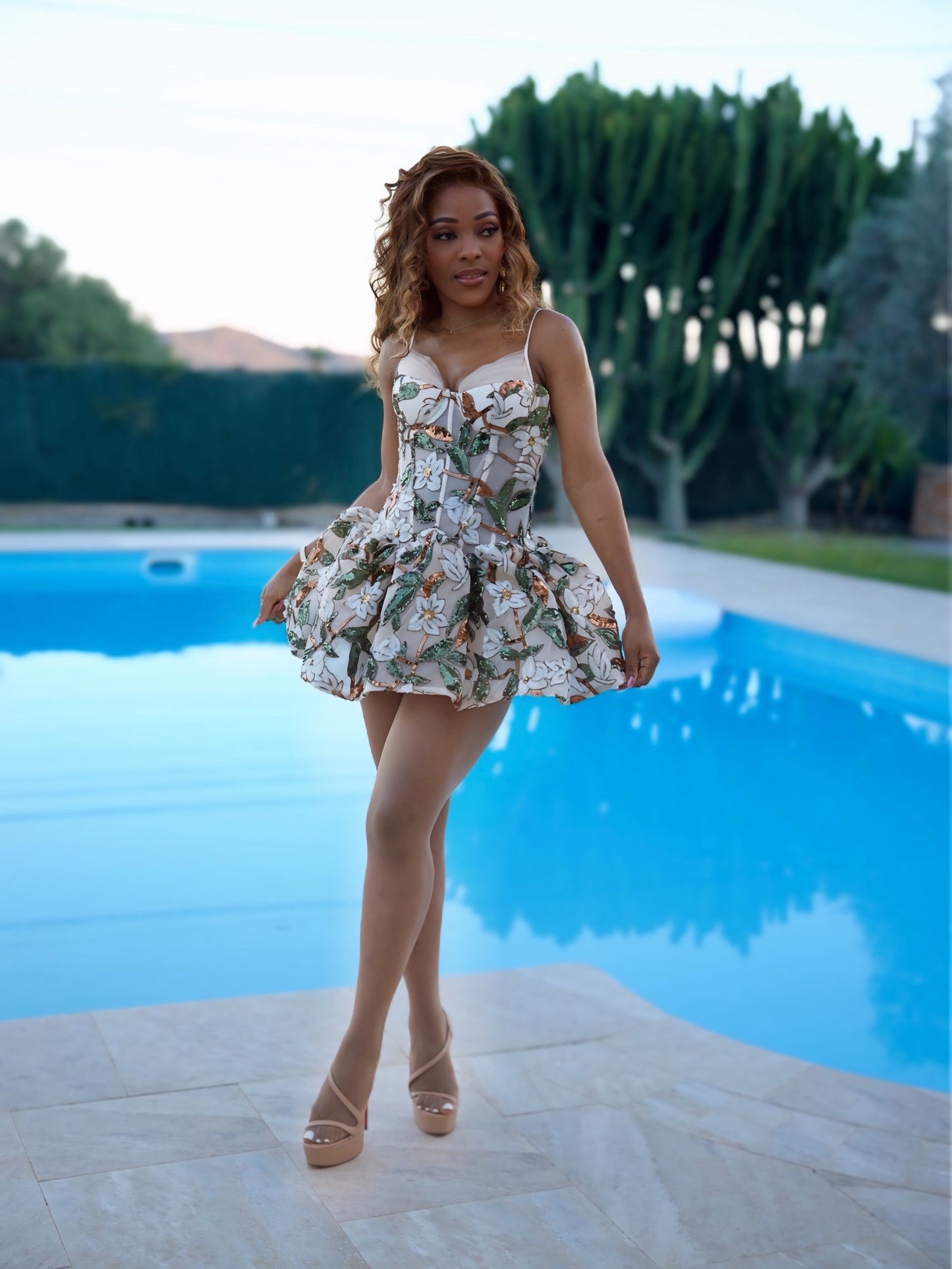 Floral Sequin Bubble Dress Brown Green HV3080