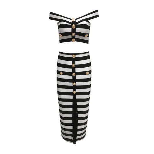 Bardot Stripes Two Piece Midi Dress Black White HV2416