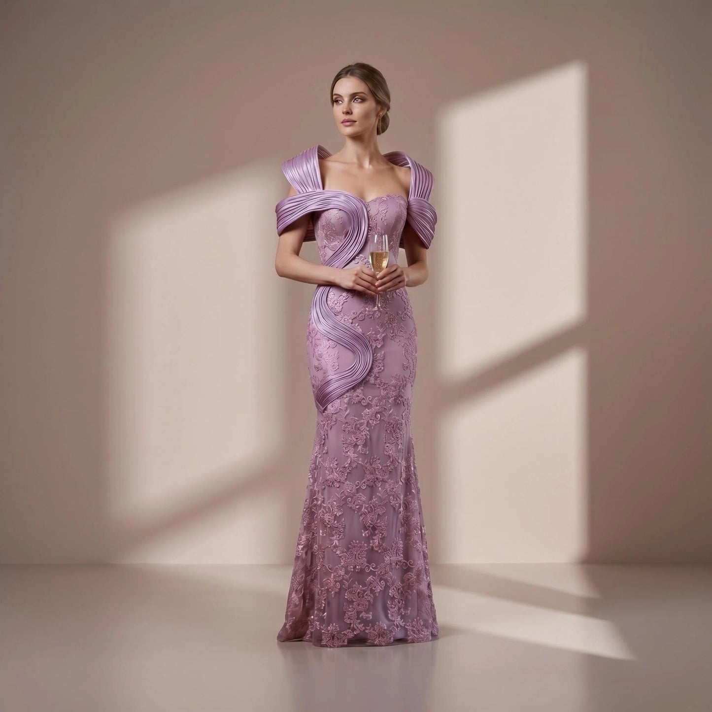 เดรสยาวผ้าลูกไม้ สีชมพูลาเวนเดอร์ HV2953
